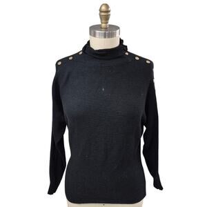 Premise Black Mock Turtle Neck Gold Stud Horizontal Ribbed Sz L